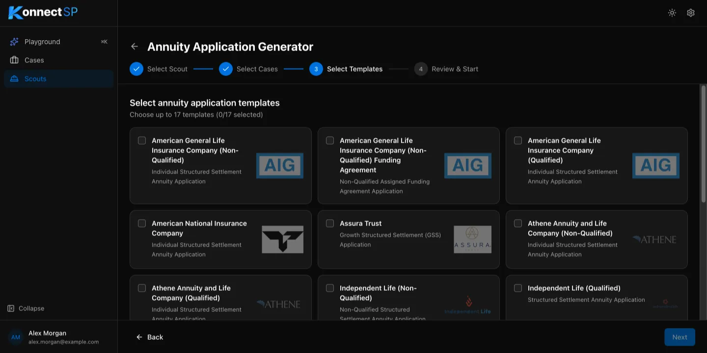Select Templates step listing carrier annuity application templates