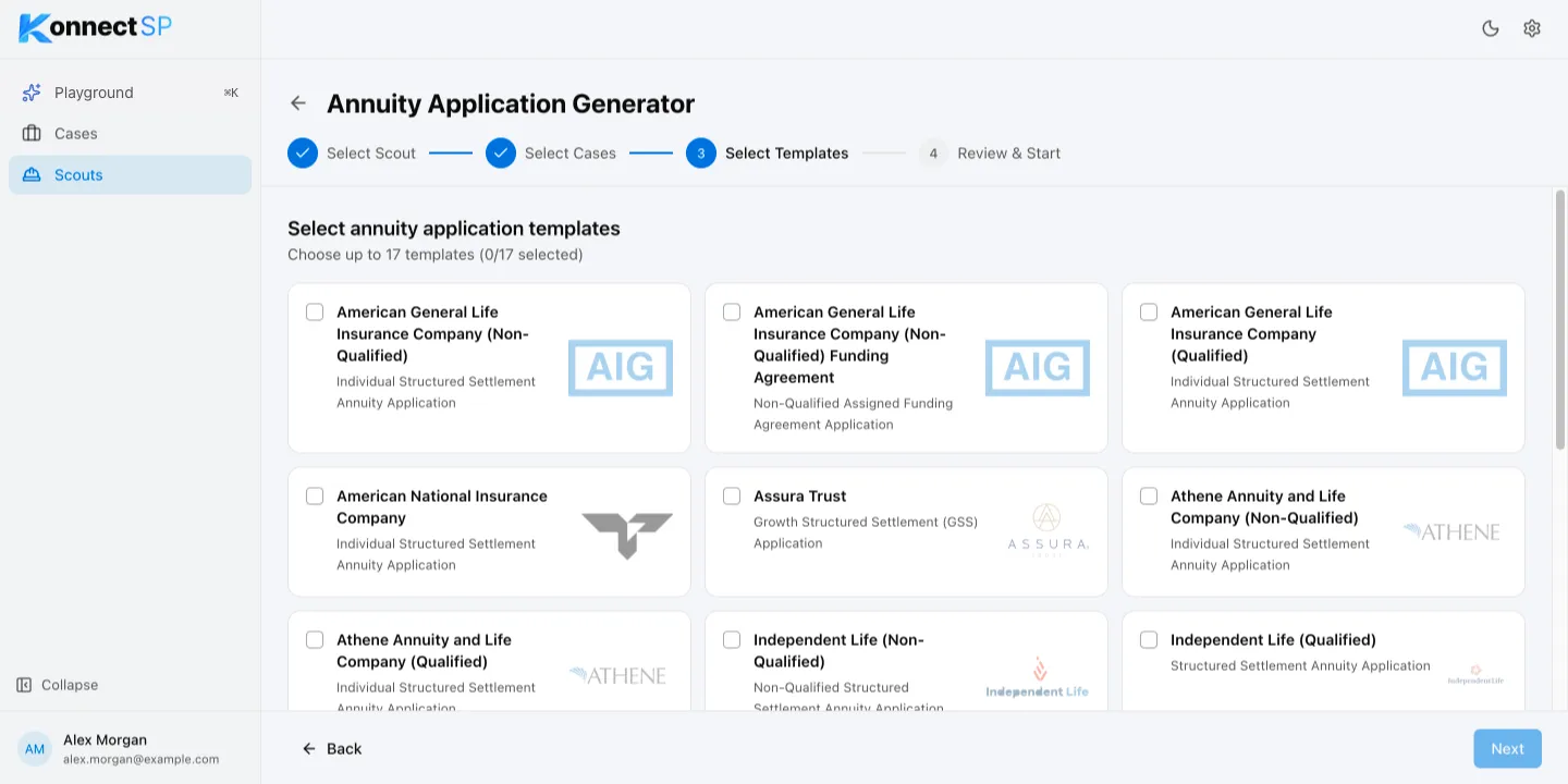 Select Templates step listing carrier annuity application templates
